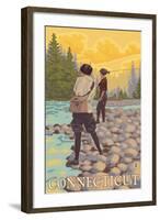 Connecticut - Women Fly Fishing Scene-Lantern Press-Framed Art Print