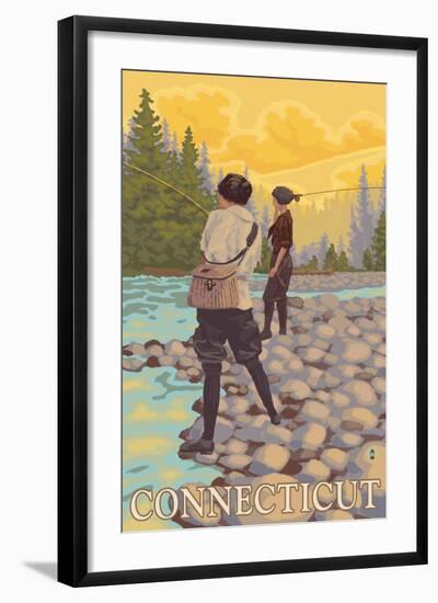 Connecticut - Women Fly Fishing Scene-Lantern Press-Framed Art Print