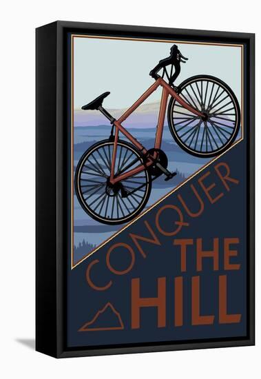 Conquer the Hill - Mountain Bike-Lantern Press-Framed Stretched Canvas