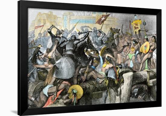 Conquest of the Aztec Capital Tenochtitlan by the Spanish Army of Hernando Cortes, c.1500-null-Framed Giclee Print