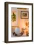 Console table, detail, autumnal decoration, candles, picture frames, leaves, pumpkin,-mauritius images-Framed Photographic Print