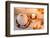 Console table, detail, autumnal decoration, candles, picture frames, leaves, pumpkin,-mauritius images-Framed Photographic Print