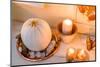Console table, detail, autumnal decoration, candles, picture frames, leaves, pumpkin,-mauritius images-Mounted Photographic Print
