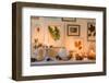 Console table, detail, autumnal decoration, candles, picture frames, leaves-mauritius images-Framed Photographic Print