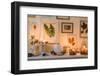 Console table, detail, autumnal decoration, candles, picture frames, leaves-mauritius images-Framed Photographic Print