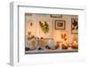 Console table, detail, autumnal decoration, candles, picture frames, leaves-mauritius images-Framed Photographic Print