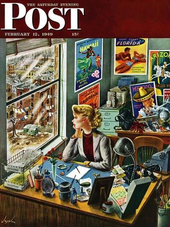 "Travel Agent at Desk," Saturday Evening Post Cover, February 12, 1949