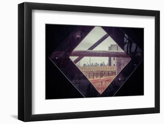 Construction site window with New York Skyline in Williamsburg, City Planning, Brooklyn, USA-Andrea Lang-Framed Photographic Print