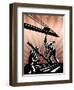 Construction Team Workers Woodcut Retro Poster-patrimonio-Framed Art Print