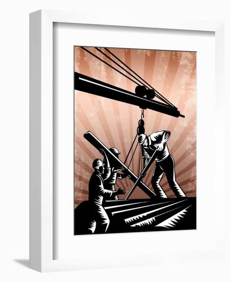 Construction Team Workers Woodcut Retro Poster-patrimonio-Framed Art Print