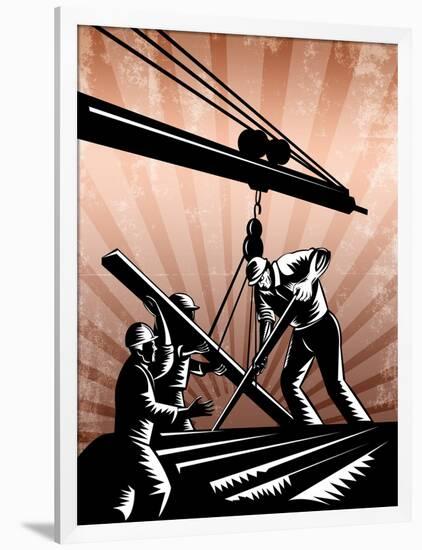 Construction Team Workers Woodcut Retro Poster-patrimonio-Framed Art Print