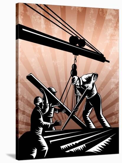 Construction Team Workers Woodcut Retro Poster-patrimonio-Stretched Canvas