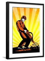 Construction Worker Jackhammer Retro Poster-patrimonio-Framed Art Print