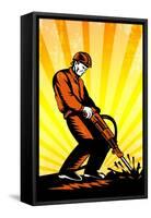 Construction Worker Jackhammer Retro Poster-patrimonio-Framed Stretched Canvas