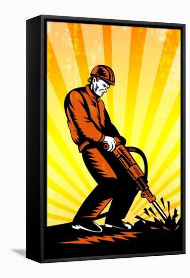Construction Worker Jackhammer Retro Poster-patrimonio-Framed Stretched Canvas