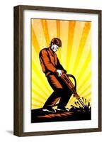 Construction Worker Jackhammer Retro Poster-patrimonio-Framed Art Print