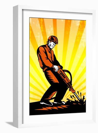 Construction Worker Jackhammer Retro Poster-patrimonio-Framed Art Print