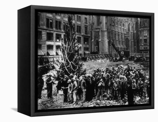 Construction Workers Line up for Pay Beside the First Rockefeller Center Christmas Tree-null-Framed Stretched Canvas