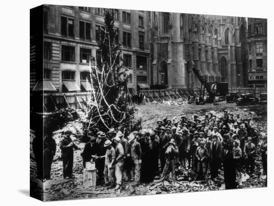 Construction Workers Line up for Pay Beside the First Rockefeller Center Christmas Tree-null-Stretched Canvas