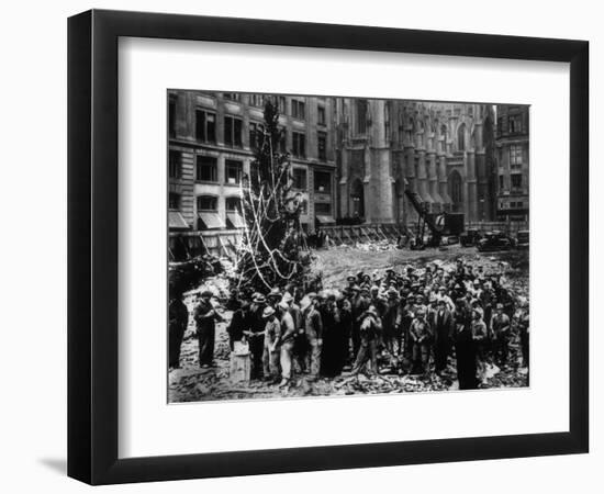 Construction Workers Line up for Pay Beside the First Rockefeller Center Christmas Tree-null-Framed Photographic Print