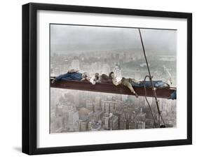 Construction Workers Resting on Steel Beam above Manhattan-null-Framed Photographic Print