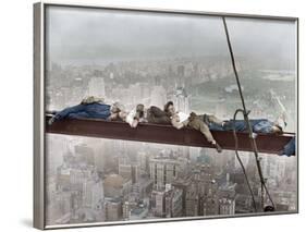 Construction Workers Resting on Steel Beam above Manhattan-null-Framed Photographic Print