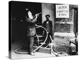 Construction Workers Spraying Cement on Roof with Concrete Gun-null-Stretched Canvas