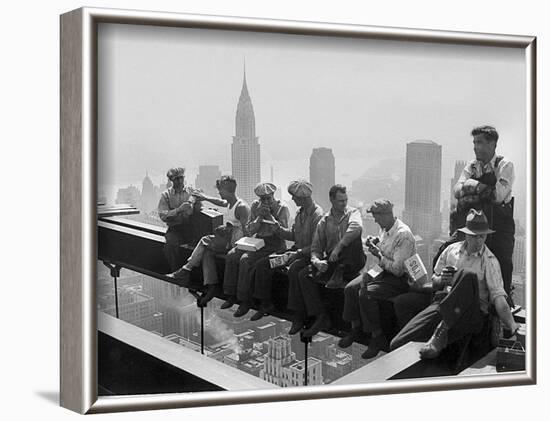 Construction Workers Take a Lunch Break on a Steel Beam Atop the RCA Building at Rockefeller Center-null-Framed Photographic Print