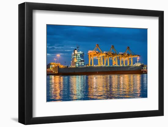 Container Cargo Freight Ship with Working Container Crane in Shipyard at Dusk-Prasit Rodphan-Framed Photographic Print