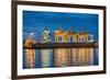 Container Cargo Freight Ship with Working Container Crane in Shipyard at Dusk-Prasit Rodphan-Framed Photographic Print