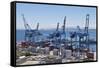 Container port at the harbour in Valparaiso, Chile, South America-Julio Etchart-Framed Stretched Canvas