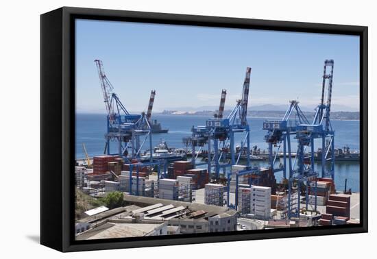 Container port at the harbour in Valparaiso, Chile, South America-Julio Etchart-Framed Stretched Canvas