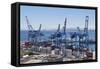 Container port at the harbour in Valparaiso, Chile, South America-Julio Etchart-Framed Stretched Canvas