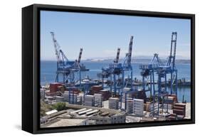 Container port at the harbour in Valparaiso, Chile, South America-Julio Etchart-Framed Stretched Canvas