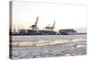 Container Ship Doing a Turning Manoeuvre, Ice Drift, Harbour Cranes-Axel Schmies-Stretched Canvas