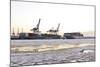 Container Ship Doing a Turning Manoeuvre, Ice Drift, Harbour Cranes-Axel Schmies-Mounted Photographic Print