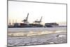 Container Ship Doing a Turning Manoeuvre, Ice Drift, Harbour Cranes-Axel Schmies-Mounted Photographic Print