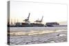 Container Ship Doing a Turning Manoeuvre, Ice Drift, Harbour Cranes-Axel Schmies-Stretched Canvas