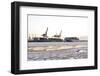 Container Ship Doing a Turning Manoeuvre, Ice Drift, Harbour Cranes-Axel Schmies-Framed Photographic Print