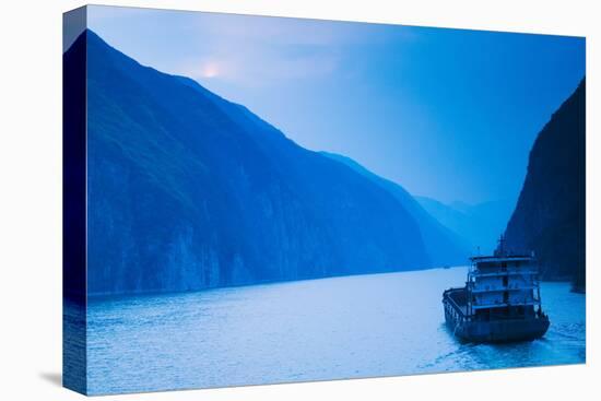 Container Ship in the River at Sunset, Wu Gorge, Yangtze River, Hubei Province, China-null-Stretched Canvas