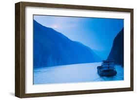 Container Ship in the River at Sunset, Wu Gorge, Yangtze River, Hubei Province, China-null-Framed Photographic Print