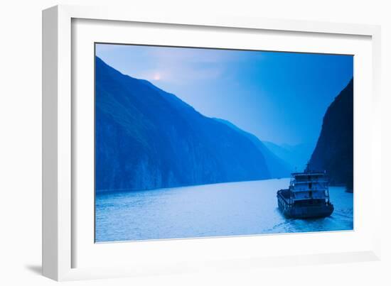 Container Ship in the River at Sunset, Wu Gorge, Yangtze River, Hubei Province, China-null-Framed Photographic Print