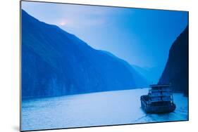 Container Ship in the River at Sunset, Wu Gorge, Yangtze River, Hubei Province, China-null-Mounted Photographic Print