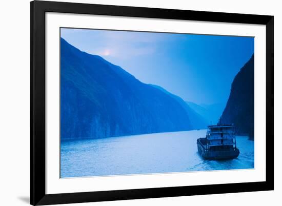 Container Ship in the River at Sunset, Wu Gorge, Yangtze River, Hubei Province, China-null-Framed Photographic Print