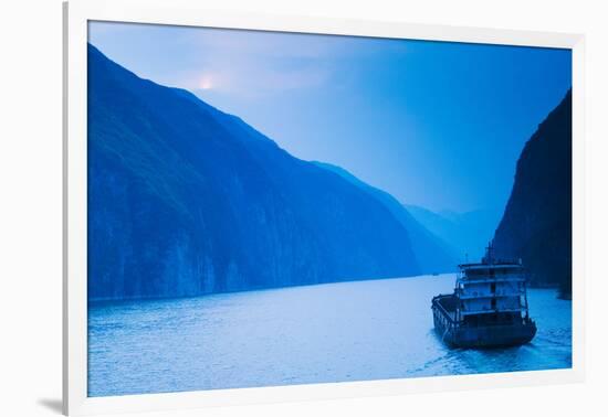 Container Ship in the River at Sunset, Wu Gorge, Yangtze River, Hubei Province, China-null-Framed Photographic Print