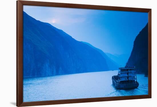 Container Ship in the River at Sunset, Wu Gorge, Yangtze River, Hubei Province, China-null-Framed Photographic Print