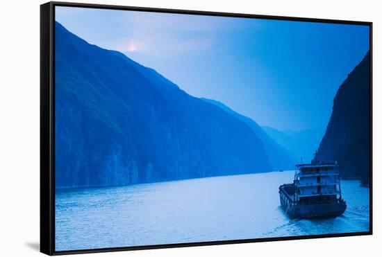 Container Ship in the River at Sunset, Wu Gorge, Yangtze River, Hubei Province, China-null-Framed Stretched Canvas