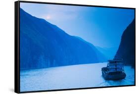Container Ship in the River at Sunset, Wu Gorge, Yangtze River, Hubei Province, China-null-Framed Stretched Canvas