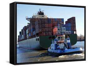 Container Ship on the River Elbe, Hamburg, Germany, Europe-Hans Peter Merten-Framed Stretched Canvas