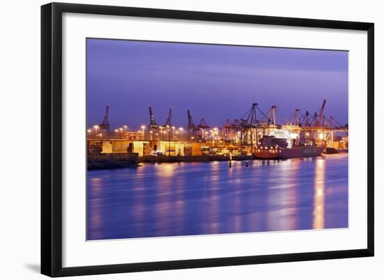 Container Terminal with Container Ship Hamburg-SŸd, Loading, Waltershof Harbour, Dusk, Altona-Axel Schmies-Framed Photographic Print